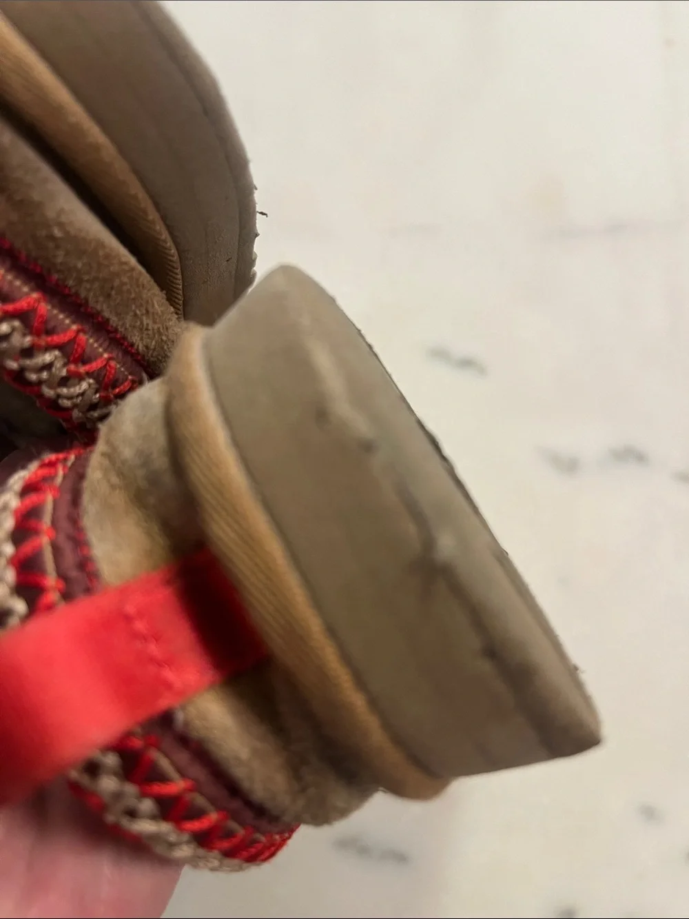 UGG Kids Tan Suede Slip-On Slippers with Red Trim